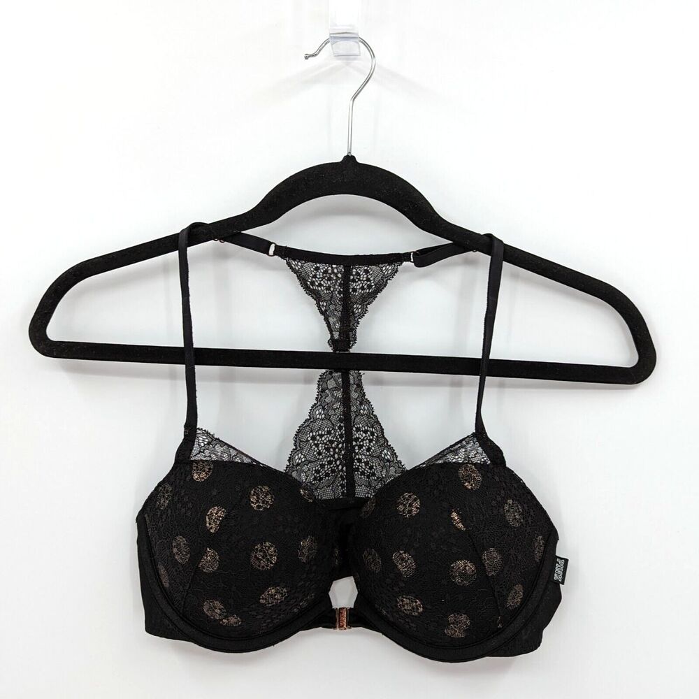Victoria's Secret PINK Bra Women's 32D Black Gold Polka Dots Date Push Up